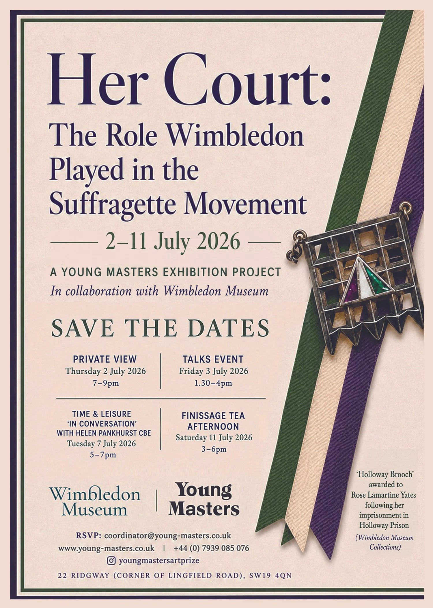 Promotional poster for 'Her Court: The Role Wimbledon Played in the Suffragette Movement' event at Wimbledon Museum.