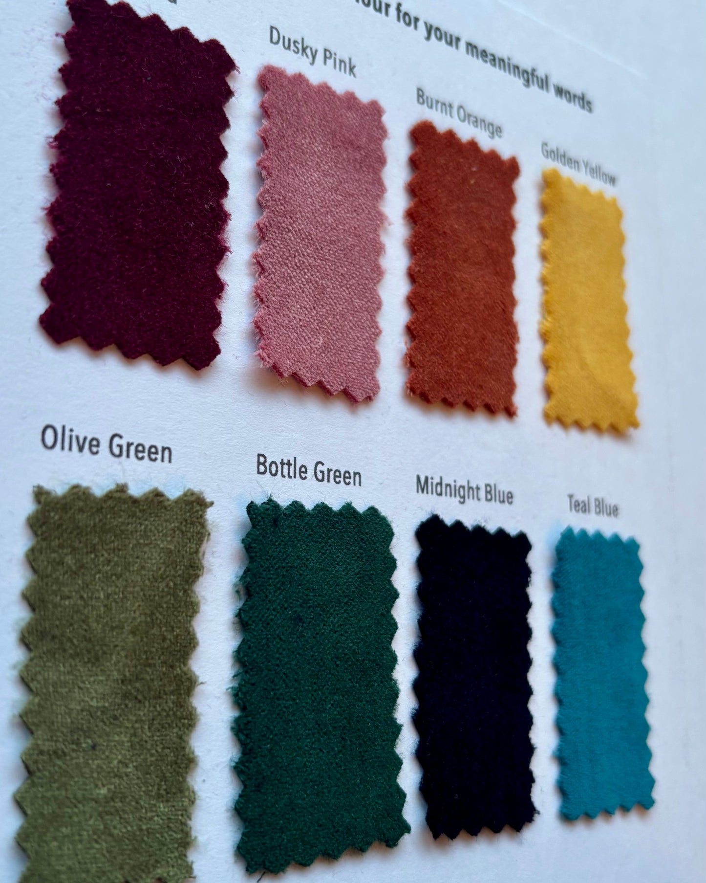 Fabric colour swatch samples for Louise Brooke banners