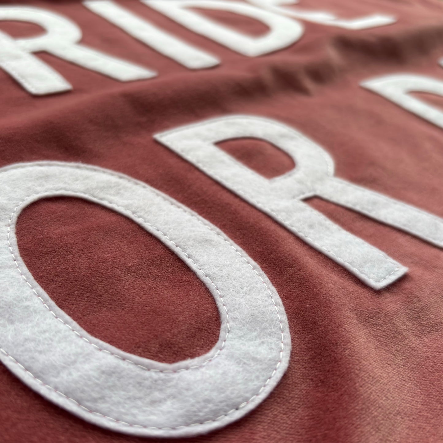 Close up of dusky pink velvet handmade banner with white felt letters.