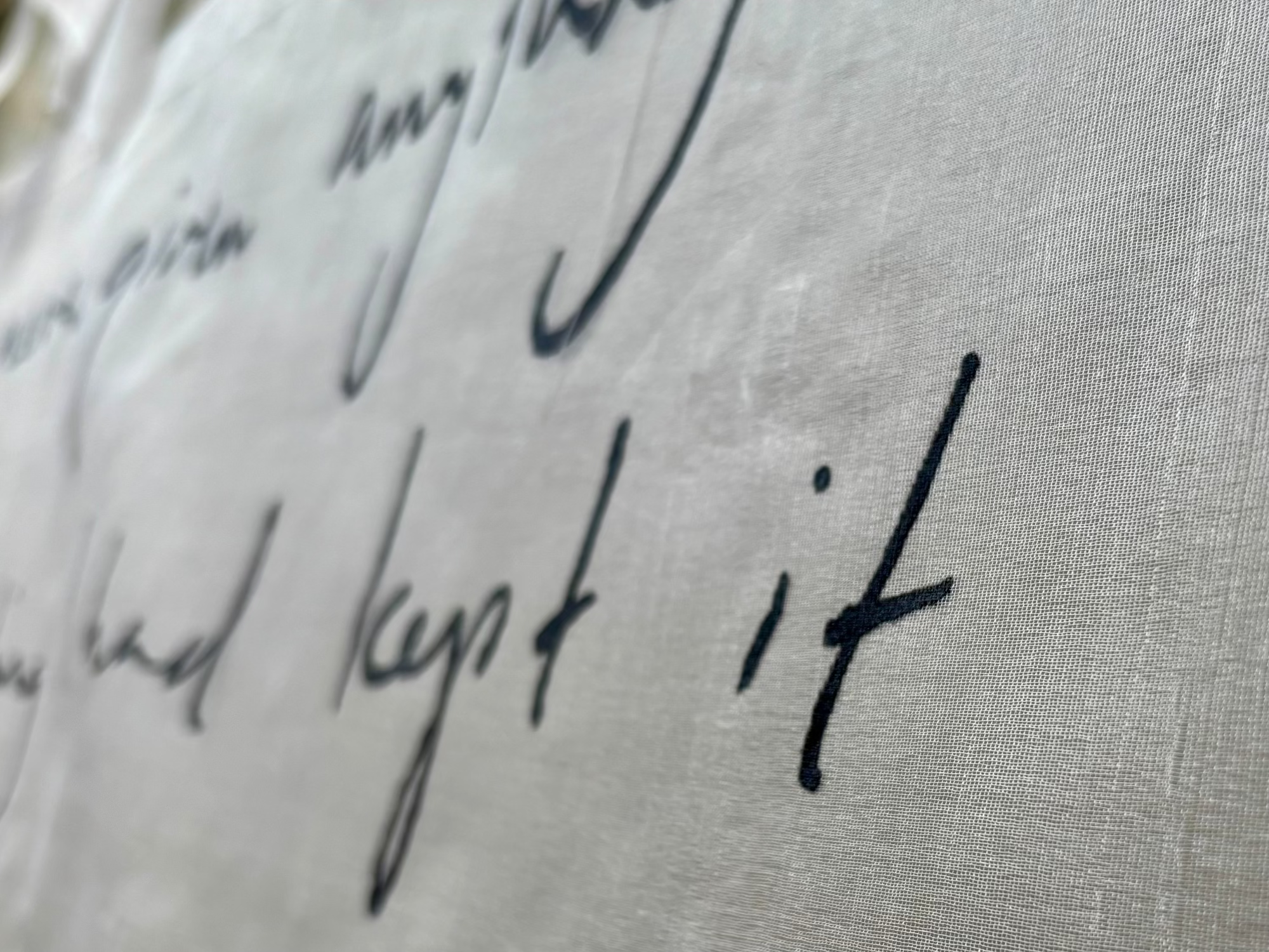 Close-up of a light silk fabric with black cursive handwriting on it.