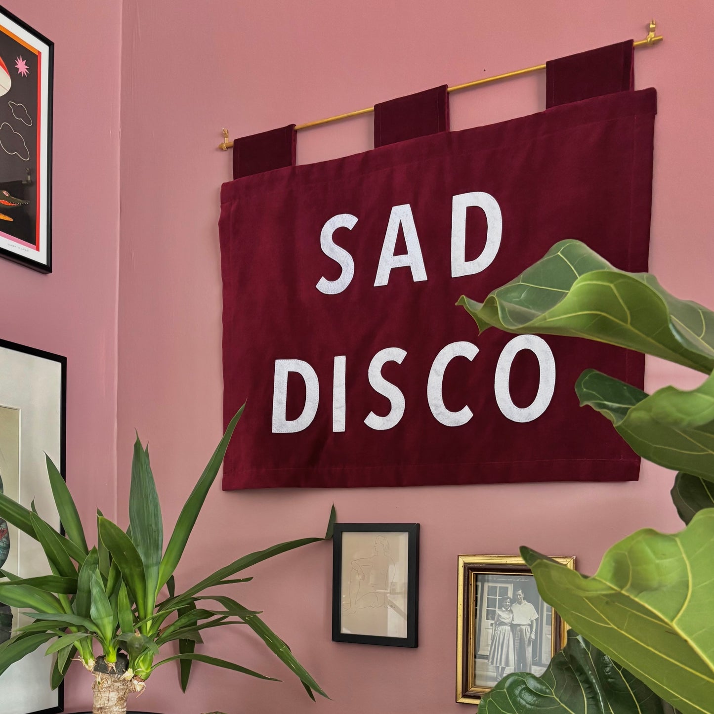 Red velvet handmade banner with 'SAD DISCO' text on a pink wall with plants and framed pictures.