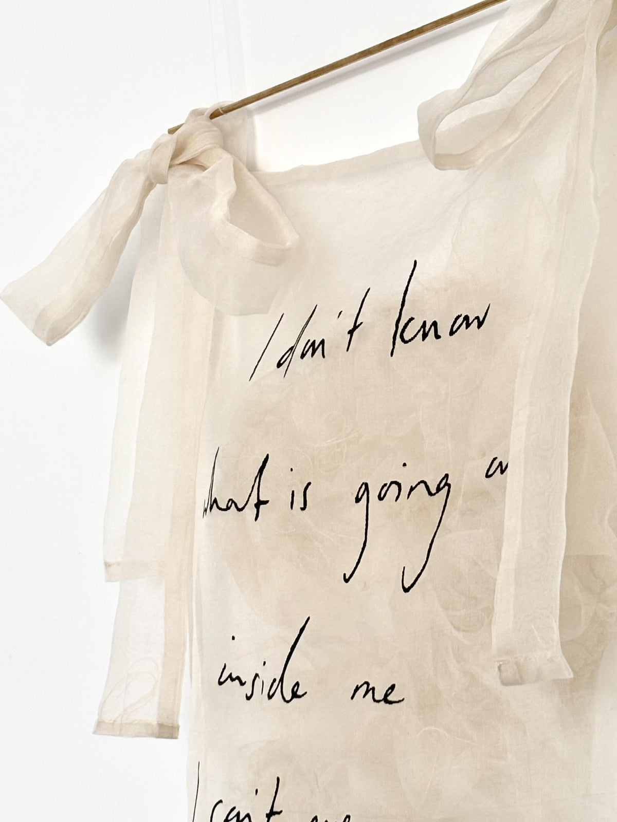 A sheer silk wall hanging with tied side bows and a brass pole, featuring handwritten black text that reads, 'I don't know what is going on inside me I can't even explain it to myself,' displayed against a white wall.