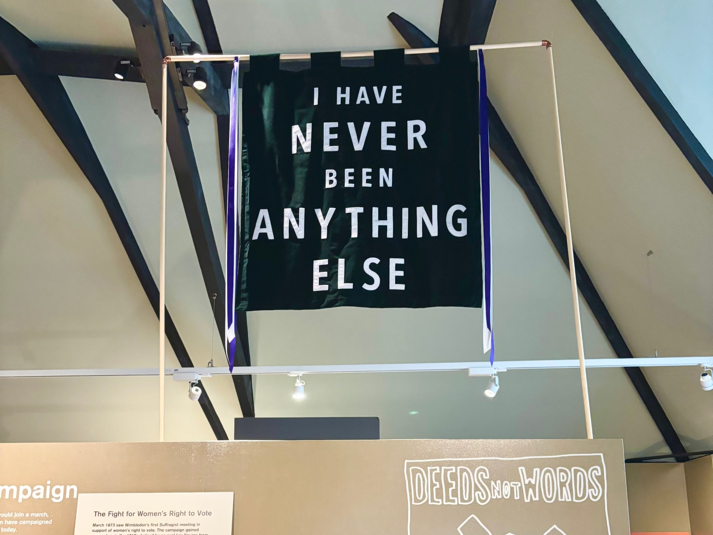A green velvet banner with white text reading 'I HAVE NEVER BEEN ANYTHING ELSE' hanging from a metal frame in an indoor museum exhibition space with visible ceiling beams.