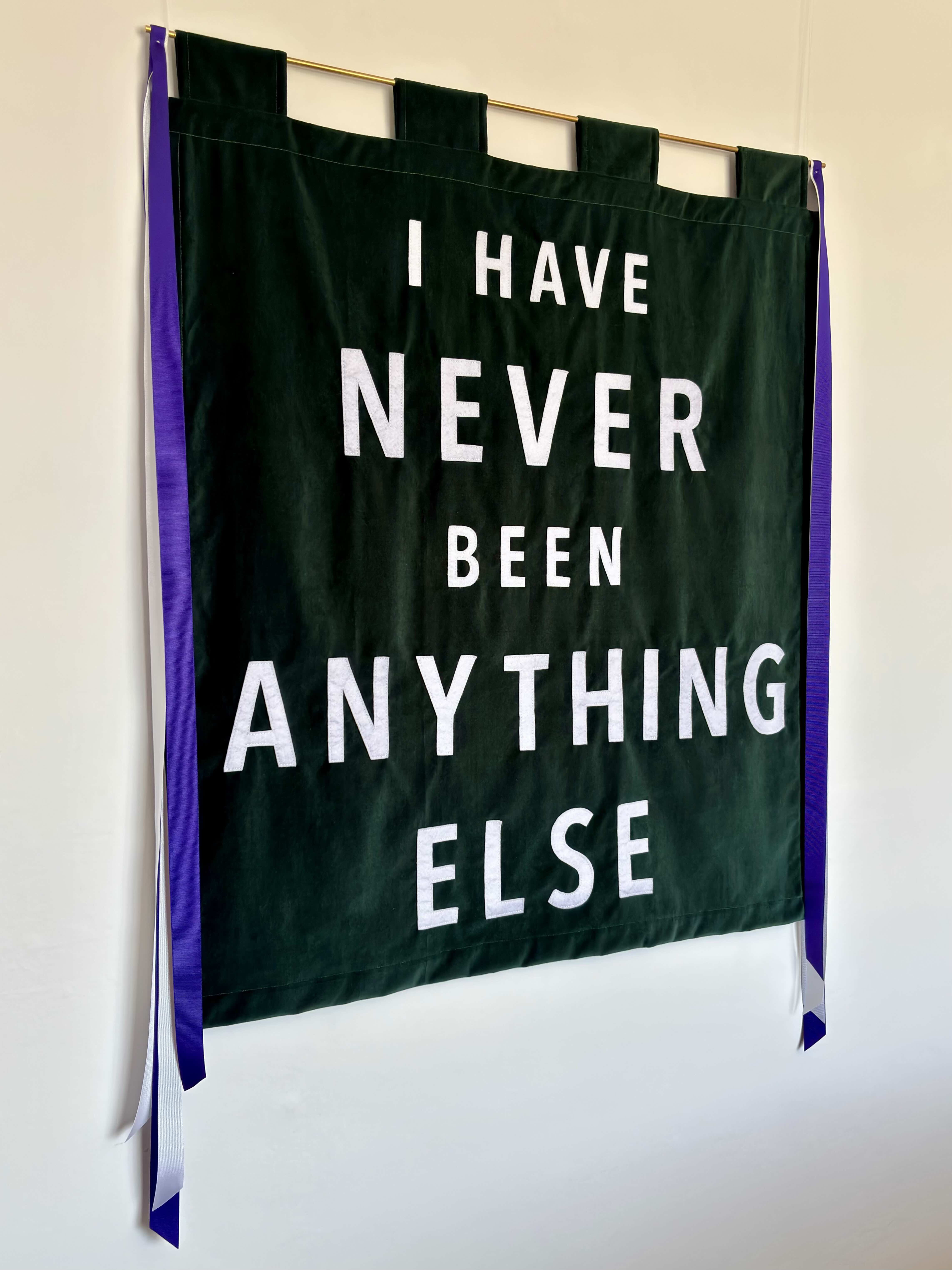A dark green velvet wall banner with white text reading 'I HAVE NEVER BEEN ANYTHING ELSE' hanging on a white wall. The banner has purple side ribbons and a brass hanging rod.