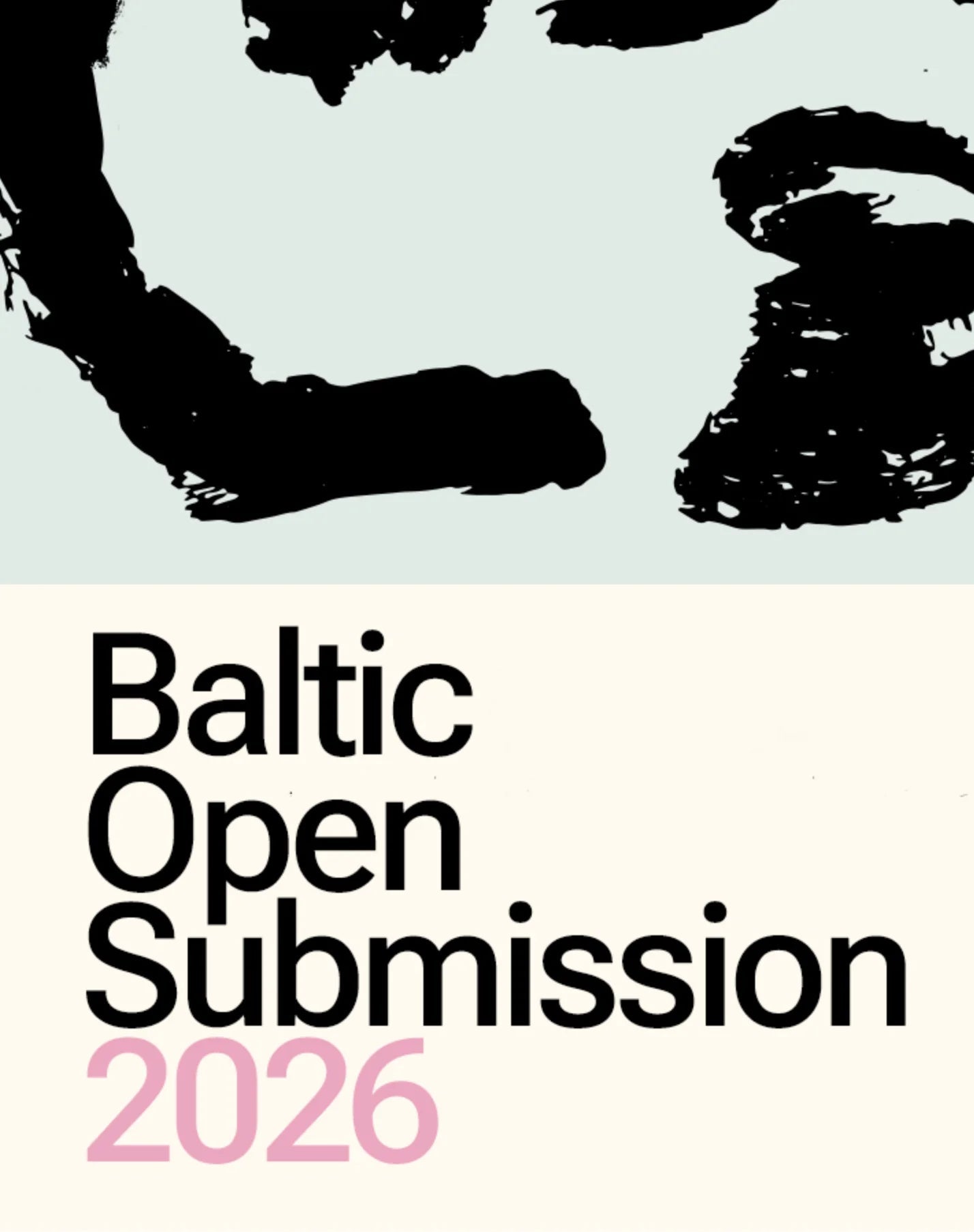 Promotional graphic for the Baltic Open Submission 2026, featuring abstract black brushstroke patterns on a light blue and pink background, with black and pink text on an off-white lower section.