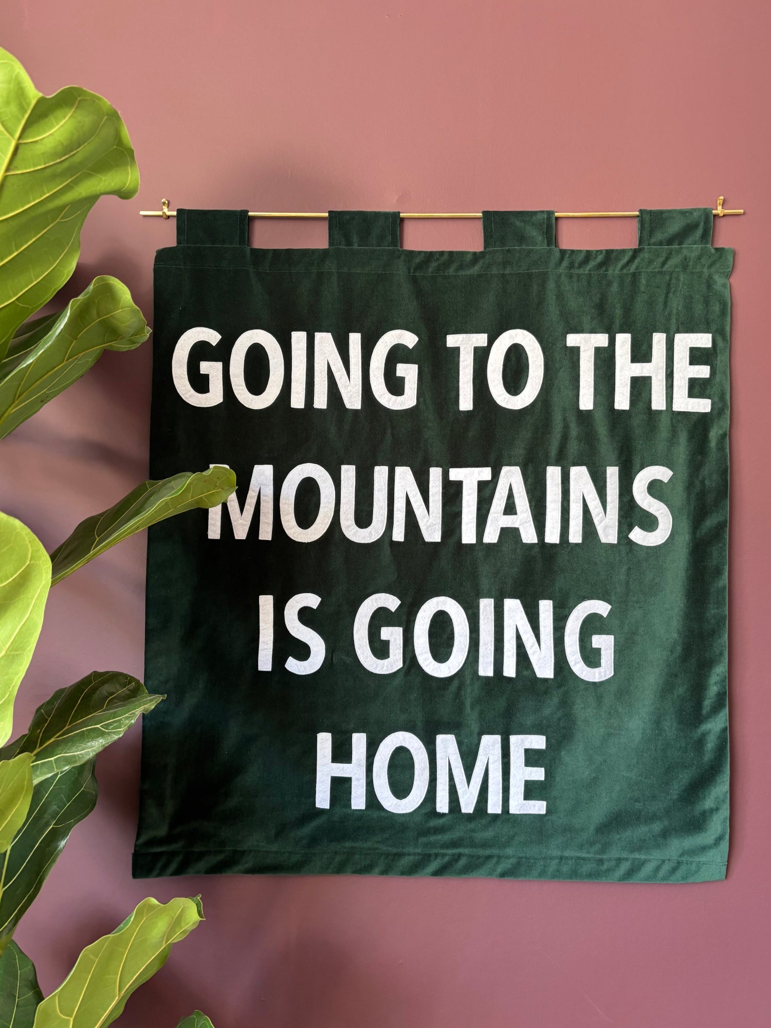 Green velvet handmade banner with text 'GOING TO THE MOUNTAINS IS GOING HOME' on a pink background with houseplant.